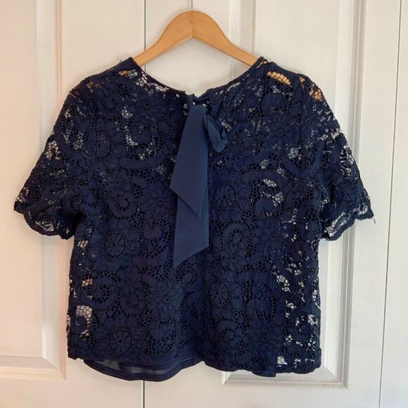 Nanette Lepore Navy Blue Lace Overlay Short Sleeve Top Large - Picture 6 of 11
